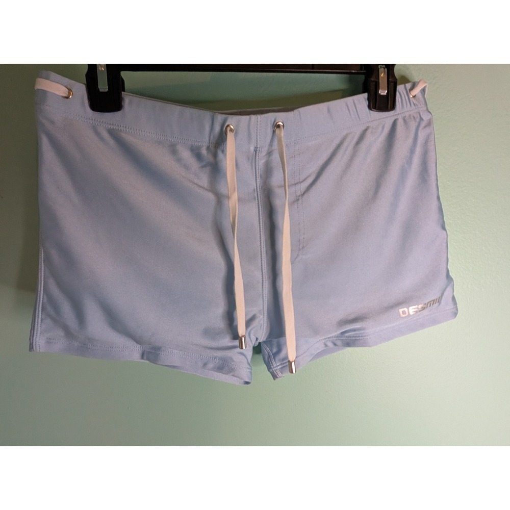 Desmiit Mens Light Blue Swim Trunks Square Cut Athletic Drawstring Shorts